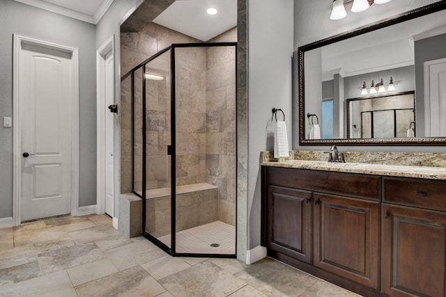 514 Chirping Sparrow Ct, Pinehurst, TX 77362 - bathroom with baseboards, ornamental molding, a shower stall, and vanity