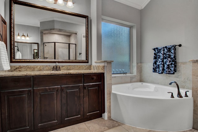 514 Chirping Sparrow Ct, Pinehurst, TX 77362 - full bathroom with crown molding, a bath, vanity, a shower stall, and tile patterned floors
