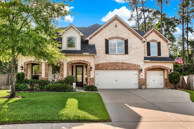 514 Chirping Sparrow Ct, Pinehurst, TX 77362 - french provincial home with concrete driveway, a garage, roof with shingles, stone siding, and brick siding