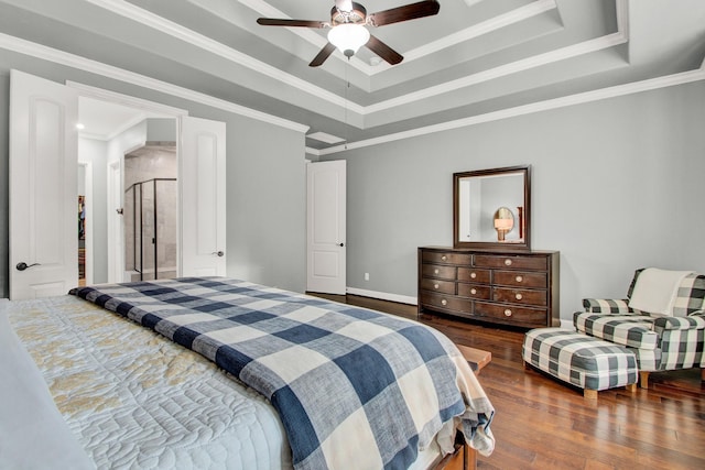 514 Chirping Sparrow Ct, Pinehurst, TX 77362 - bedroom featuring wood-type flooring, a raised ceiling, baseboards, crown molding, and a ceiling fan