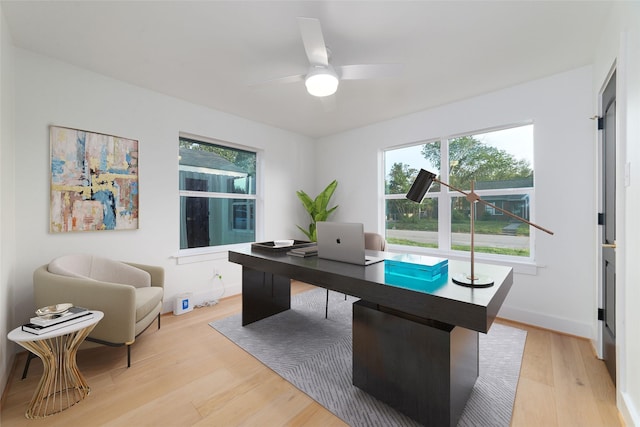 317 Kelley St, Houston, TX 77009 - home office with light wood-style flooring, healthy amount of natural light, ceiling fan, and baseboards