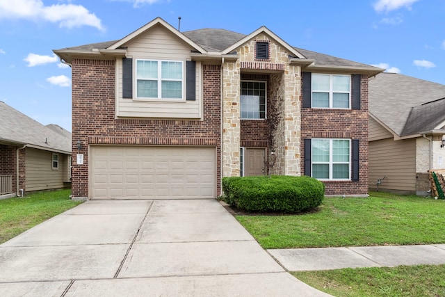 30722 Lavender Trace Dr, Spring, TX 77386 - view of front of property with an attached garage, concrete driveway, brick siding, and a front yard
