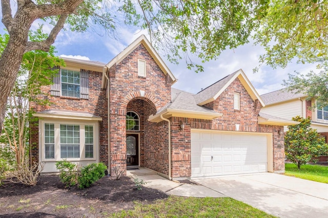 3722 Rocky Ledge Ln, Katy, TX 77494 - traditional-style home with a garage, brick siding, driveway, and a shingled roof