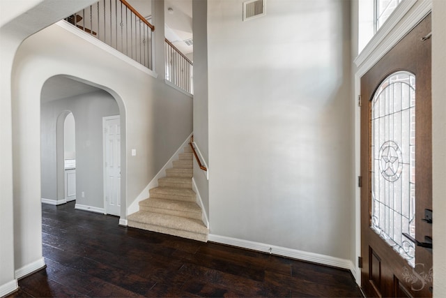 3722 Rocky Ledge Ln, Katy, TX 77494 - entryway featuring a high ceiling, dark wood finished floors, baseboards, and stairway