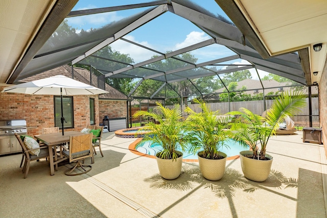 54 Scotch Pine Ct, Lake Jackson, TX 77566 - view of pool with an in-ground hot tub, a fenced backyard, a patio, and glass enclosure