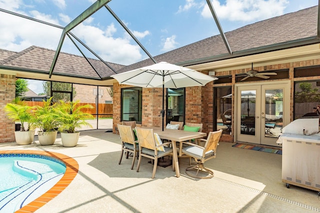 54 Scotch Pine Ct, Lake Jackson, TX 77566 - view of patio featuring french doors, ceiling fan, fence, an outdoor pool, and glass enclosure