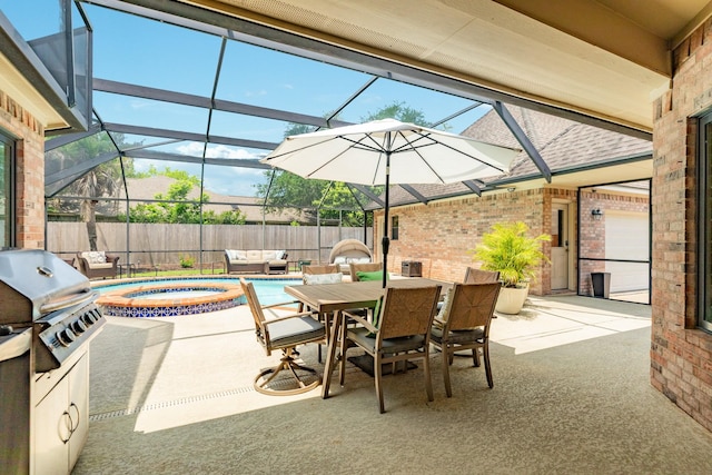 54 Scotch Pine Ct, Lake Jackson, TX 77566 - view of patio with area for grilling, an outdoor hangout area, fence, and a lanai