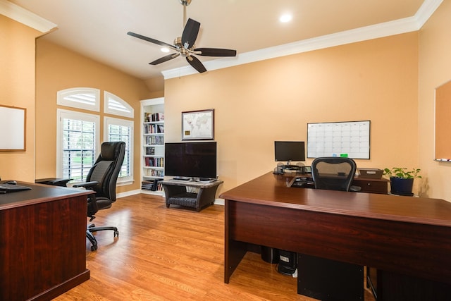 54 Scotch Pine Ct, Lake Jackson, TX 77566 - office space featuring wood finished floors, a ceiling fan, and ornamental molding