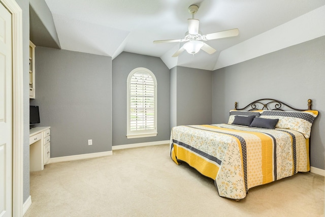 54 Scotch Pine Ct, Lake Jackson, TX 77566 - bedroom featuring light colored carpet, baseboards, lofted ceiling, and ceiling fan