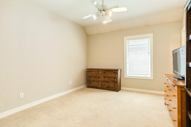 54 Scotch Pine Ct, Lake Jackson, TX 77566 - bedroom with light carpet, baseboards, ceiling fan, and lofted ceiling