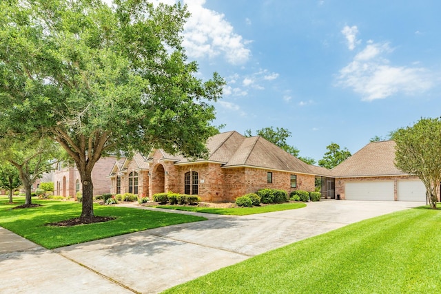 54 Scotch Pine Ct, Lake Jackson, TX 77566 - view of front of property with driveway, a garage, a front lawn, and brick siding
