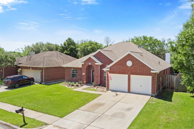 view of front of home with an attached garage, brick siding, roof with shingles, driveway, and a chimney