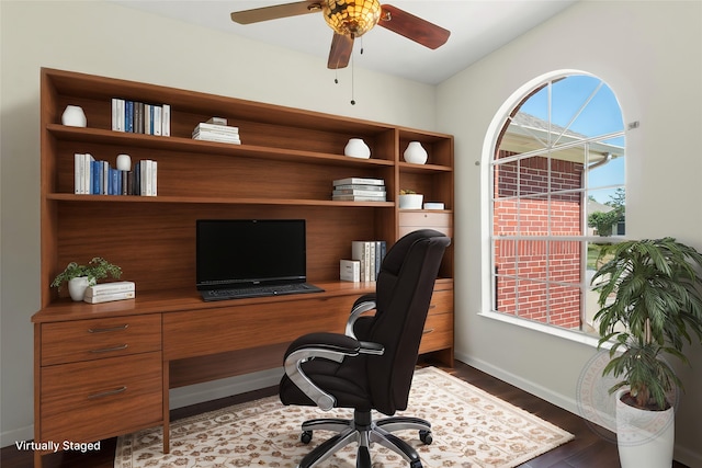 office with baseboards, ceiling fan, and wood finished floors