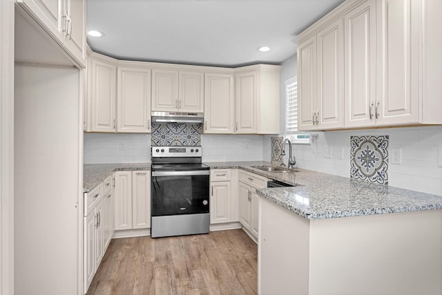 1107 Cypress St, Diboll, TX 75941 - kitchen with electric range, under cabinet range hood, a sink, light wood finished floors, and light stone countertops