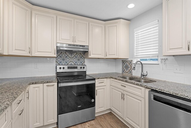 1107 Cypress St, Diboll, TX 75941 - kitchen with appliances with stainless steel finishes, a sink, under cabinet range hood, backsplash, and light wood-style floors