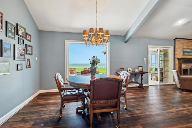 3814 Todville Rd, Seabrook, TX 77586 - dining room with a chandelier, baseboards, wood finished floors, beam ceiling, and a fireplace