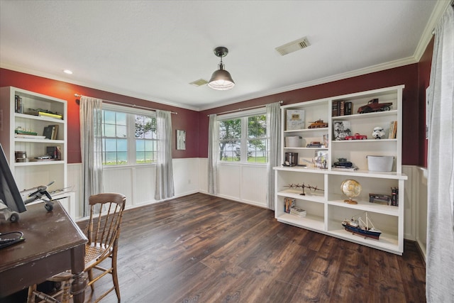 3814 Todville Rd, Seabrook, TX 77586 - home office with a wainscoted wall, wood finished floors, and crown molding