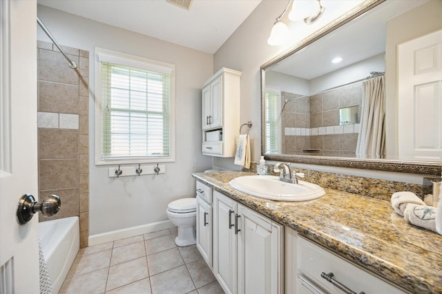 3814 Todville Rd, Seabrook, TX 77586 - full bath with vanity, toilet, tile patterned flooring, baseboards, and shower / bath combo with shower curtain