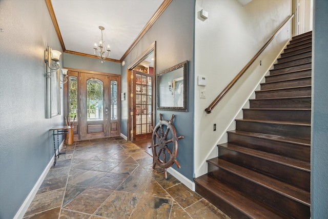 3814 Todville Rd, Seabrook, TX 77586 - entryway with baseboards, stone tile flooring, crown molding, stairs, and a chandelier