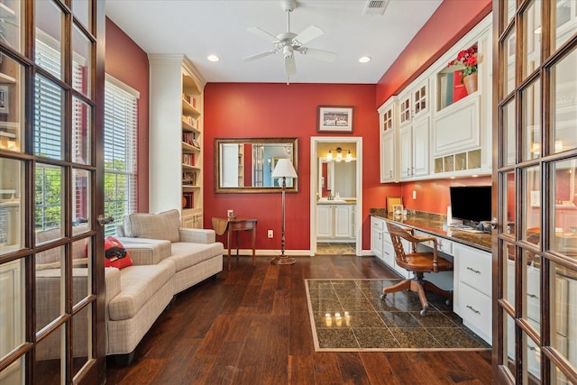 3814 Todville Rd, Seabrook, TX 77586 - office space featuring built in study area, baseboards, dark wood-style flooring, ceiling fan, and recessed lighting