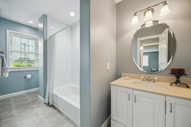 3814 Todville Rd, Seabrook, TX 77586 - full bathroom featuring vanity, shower / bath combo with shower curtain, baseboards, recessed lighting, and tile patterned floors