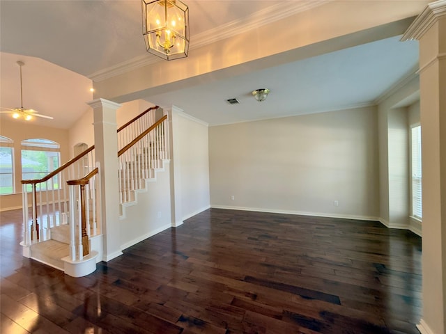 unfurnished living room featuring dark wood-style floors, stairway, ornamental molding, and baseboards