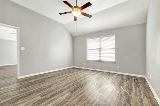 3807 Springcrest Ln, Montgomery, TX 77356 - empty room with wood finished floors, vaulted ceiling, baseboards, and ceiling fan