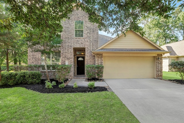 3807 Springcrest Ln, Montgomery, TX 77356 - traditional-style house featuring an attached garage, brick siding, driveway, and a front yard
