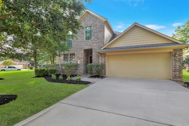 3807 Springcrest Ln, Montgomery, TX 77356 - traditional home with brick siding, a garage, a front lawn, and driveway