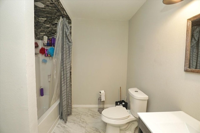 26643 Carol Ln, Splendora, TX 77372 - full bathroom featuring toilet, marble finish floors, vanity, shower / bathtub combination with curtain, and a ceiling fan