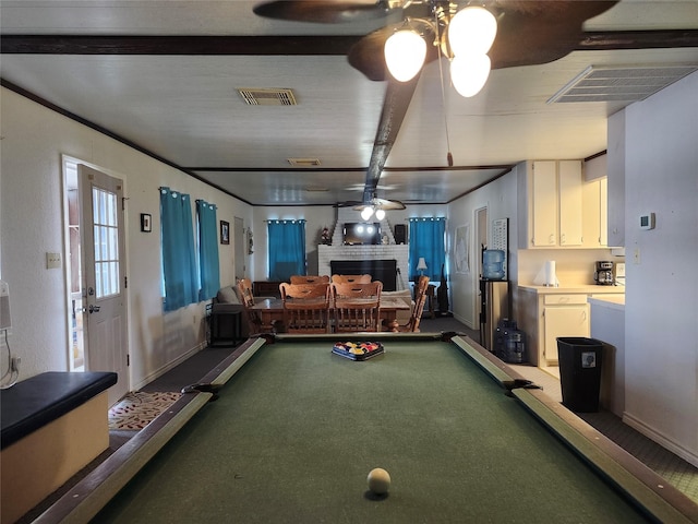 recreation room with ceiling fan, carpet, billiards table, a brick fireplace, and baseboards