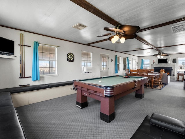 1134 Canal Dr, Surfside Beach, TX 77541 - rec room featuring carpet flooring, ceiling fan, billiards table, and a lit fireplace