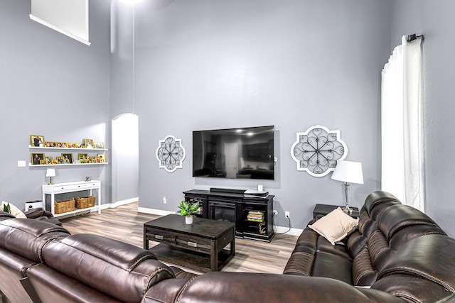 4302 Stoney Heights Ct, Spring, TX 77388 - living room featuring wood finished floors, a towering ceiling, and baseboards