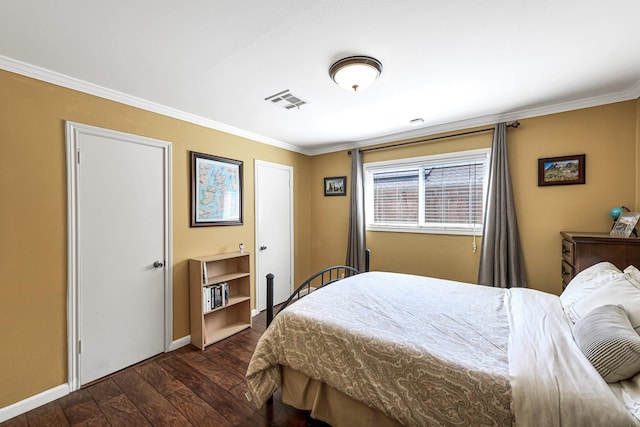 12726 Pebblebrook Dr, Houston, TX 77024 - bedroom with dark wood-style floors, ornamental molding, and baseboards