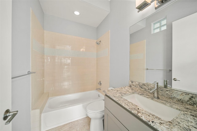 full bath with toilet, bathtub / shower combination, and vanity