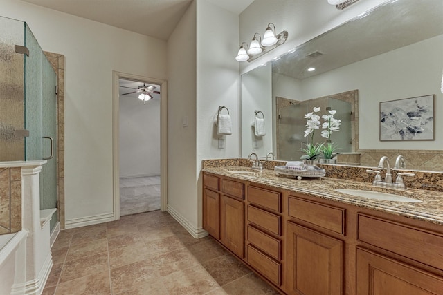 71 Ginger Jar St, The Woodlands, TX 77382 - full bathroom featuring a shower stall, double vanity, a ceiling fan, and a tub