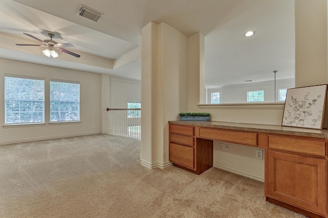 71 Ginger Jar St, The Woodlands, TX 77382 - unfurnished office with built in study area, a ceiling fan, light colored carpet, and baseboards