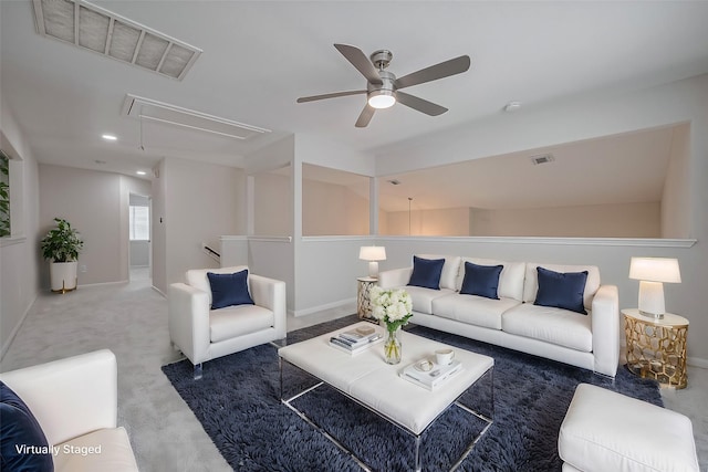 18314 Madisons Crossing Ln, Tomball, TX 77375 - carpeted living area with attic access, ceiling fan, and baseboards