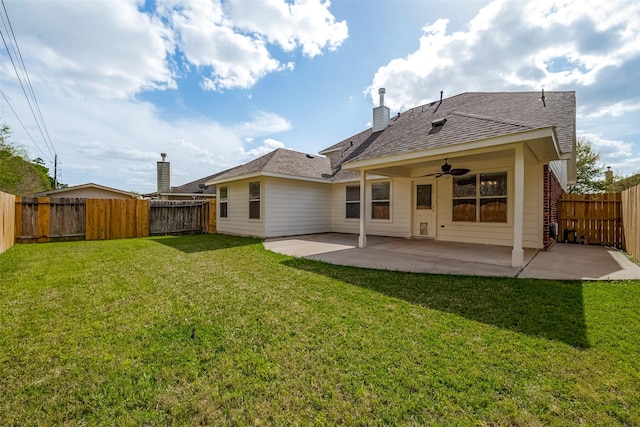 18314 Madisons Crossing Ln, Tomball, TX 77375 - rear view of house featuring a ceiling fan, a patio area, roof with shingles, and a chimney