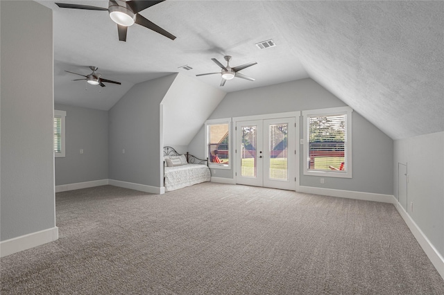 16 Wildwood Lake Dr, Huntsville, TX 77340 - additional living space featuring a ceiling fan, carpet flooring, vaulted ceiling, plenty of natural light, and a textured ceiling