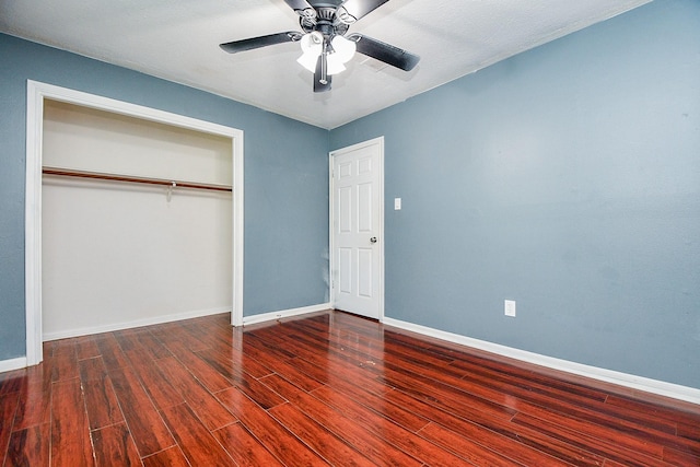 4719 Theall Rd, Houston, TX 77066 - unfurnished bedroom with wood finished floors, baseboards, a closet, and ceiling fan