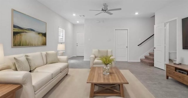 21519 Cypress Trellis Dr, Cypress, TX 77433 - living room with stairs, ceiling fan, recessed lighting, and baseboards