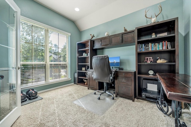 211 Clementine Ct, Montgomery, TX 77316 - office area featuring carpet and vaulted ceiling