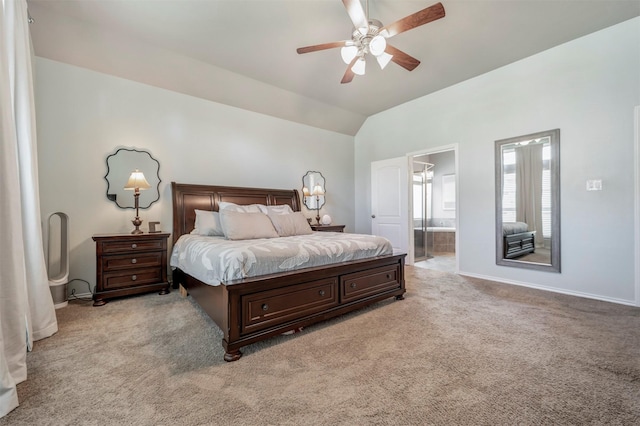 211 Clementine Ct, Montgomery, TX 77316 - bedroom with light colored carpet, vaulted ceiling, ensuite bath, baseboards, and a ceiling fan
