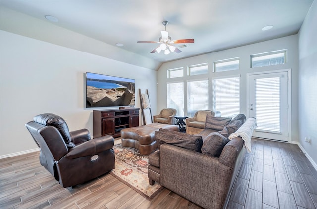 211 Clementine Ct, Montgomery, TX 77316 - living area featuring wood finished floors, a ceiling fan, and baseboards