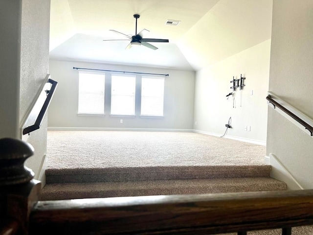 4923 Lacebark Pine Trl, Rosenberg, TX 77471 - stairs with carpet flooring, ceiling fan, lofted ceiling, and baseboards