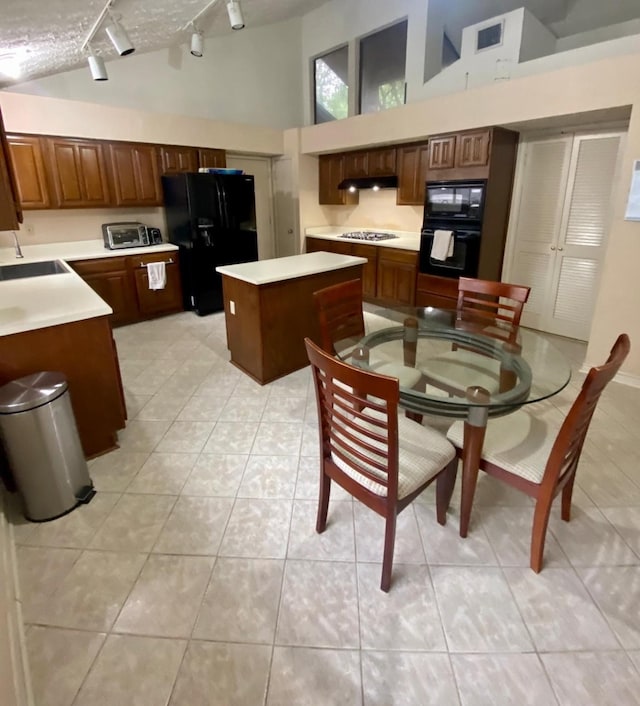 1903 Barons Gln, Sugar Land, TX 77478 - kitchen with track lighting, black appliances, a towering ceiling, a sink, and light countertops