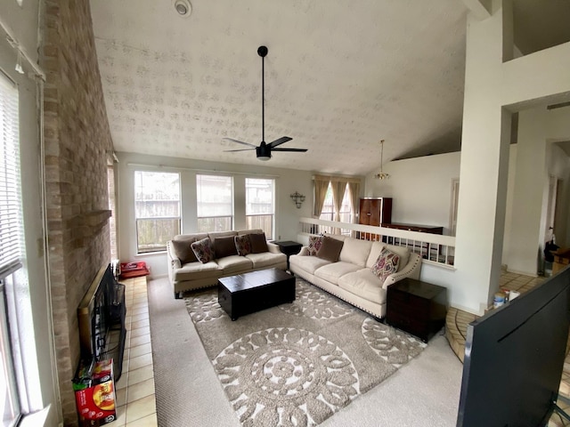 1903 Barons Gln, Sugar Land, TX 77478 - living room with ceiling fan, lofted ceiling, and a textured ceiling
