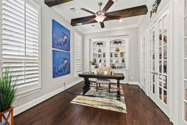 5518 Fleming Rock Ln, Fulshear, TX 77441 - office area featuring french doors, a ceiling fan, baseboards, ornamental molding, and plenty of natural light