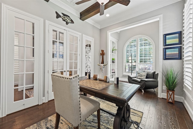 5518 Fleming Rock Ln, Fulshear, TX 77441 - dining room featuring ornamental molding, dark wood finished floors, a ceiling fan, french doors, and recessed lighting